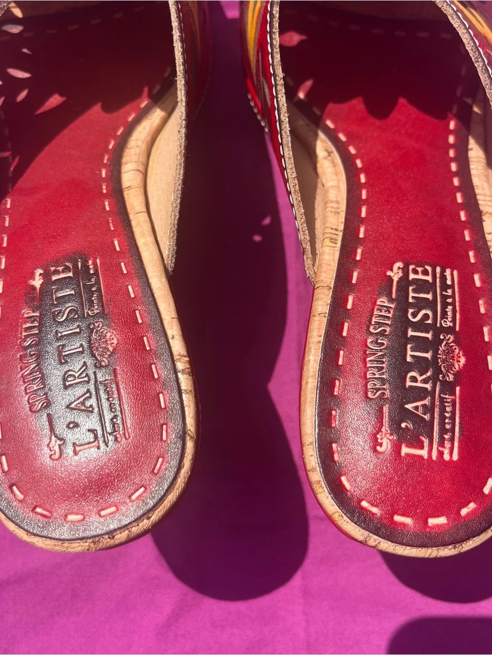 L’Artiste Red Leather Floral Slide Sandals